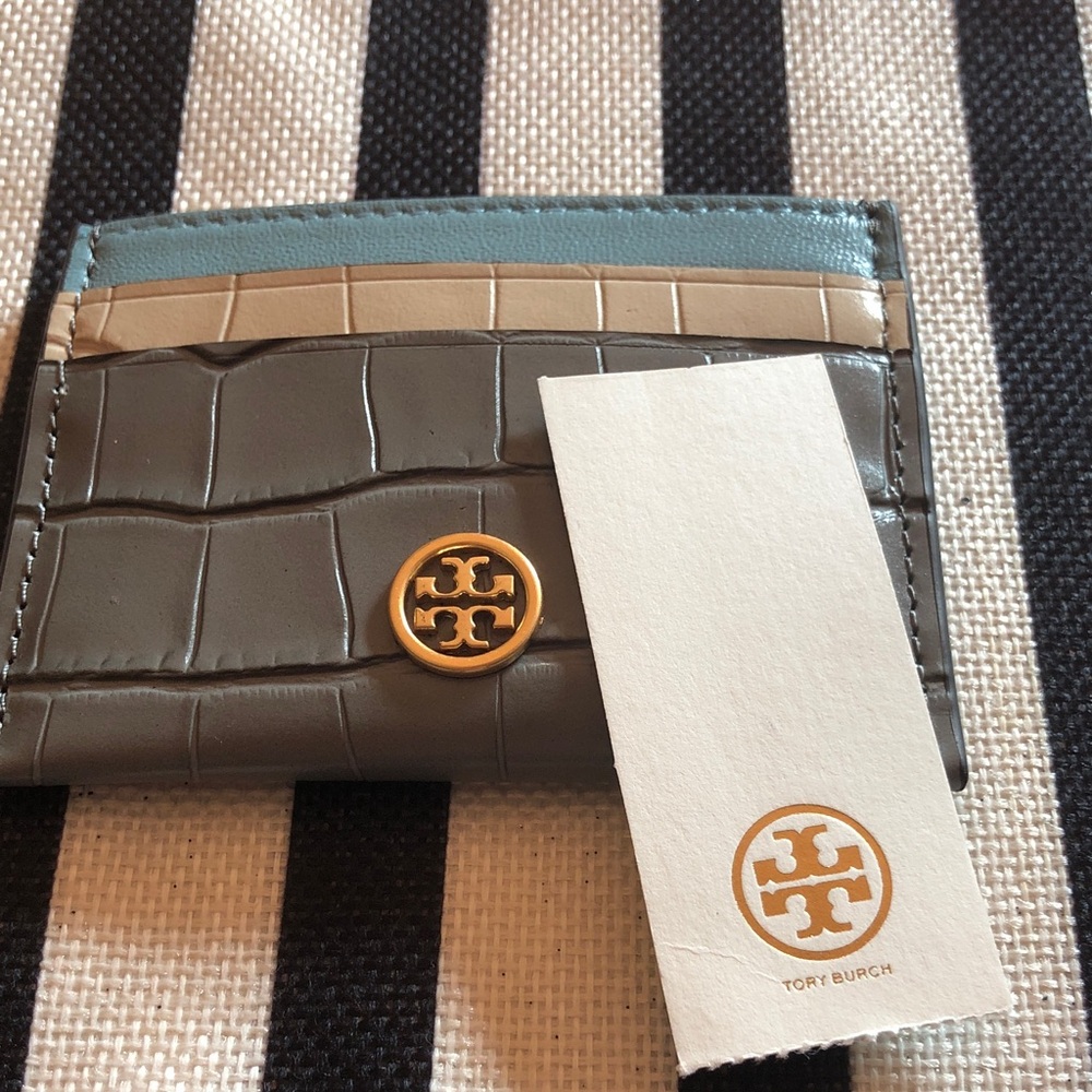 Authentic Tory Burch Gray Croc Embossed Card Holder/Gold Tory Burch Logo New/tag - Picture 10 of 11